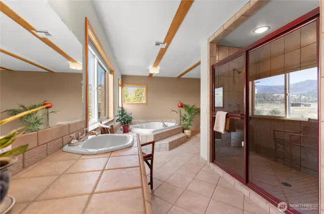 Large primary bath with tiled shower and jetted tub.