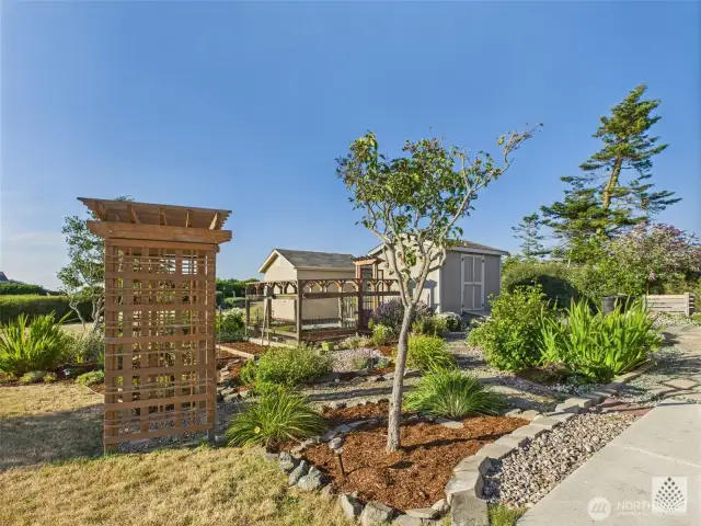 The garden space includes a fenced area and a custom shed, providing protection for flowers and vegetable from the deer while keeping everything organized and accessible.