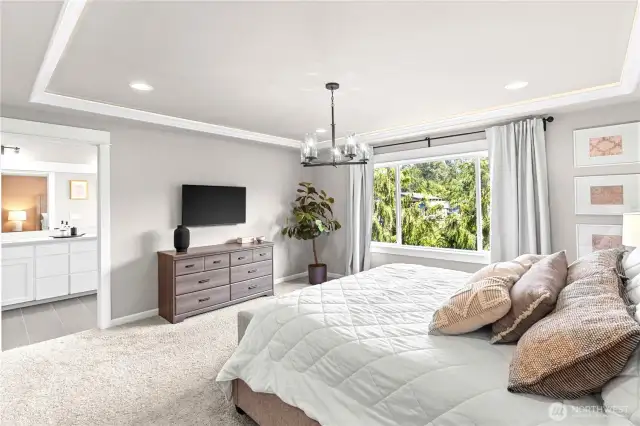 Primary suite with walk-in closet and lighted panel ceiling