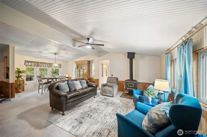 The large living room and dining room create a wonderful open feel