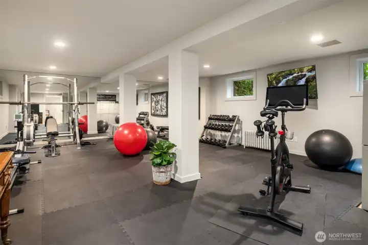 Bright gym with bouncy floors in the basement.