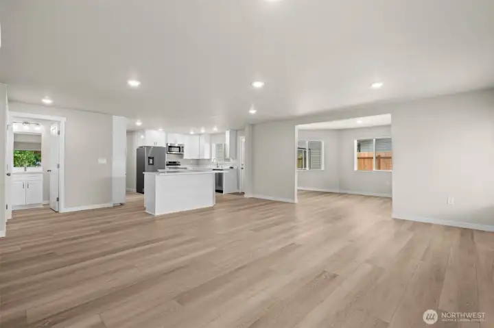 Great Room, Kitchen, Dining Room and Full Bath