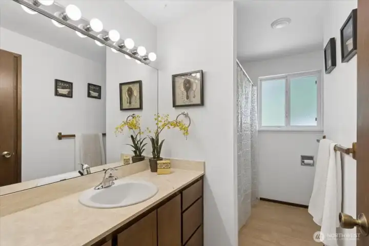 Main floor bathroom has bathtub, marble countertop Main floor bathroom has bathtub, marble countertop