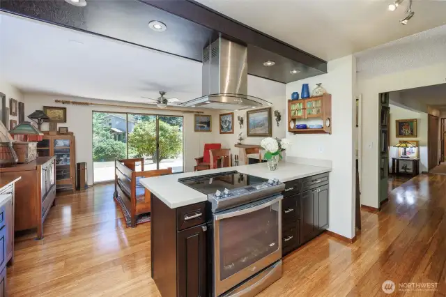 Updated kitchen is a chef's delight with bamboo floors, stainless appliances, quartz counter tops and huge pantry.