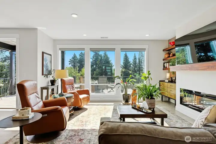Great room facing south with views of the river and mountains.