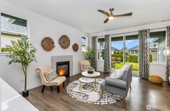 From the kitchen island looking into the modern style living room