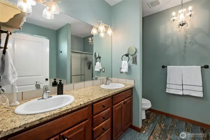 Double vanity with granite countertop. Double vanity with granite countertop.