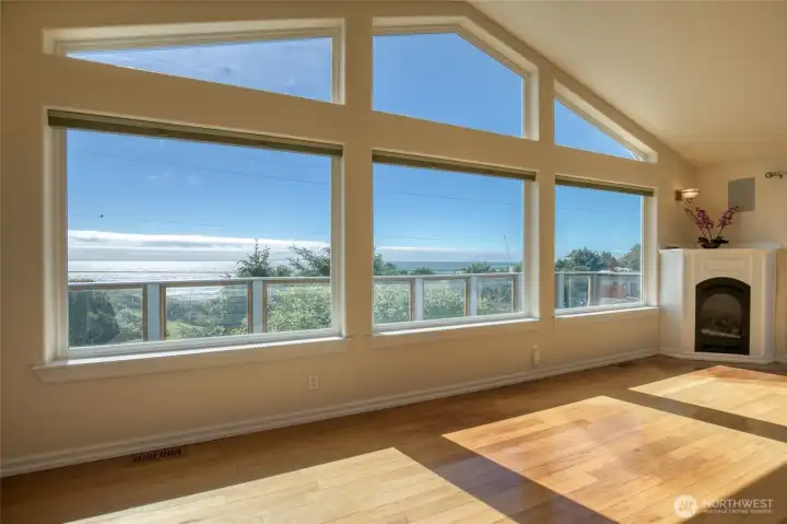 Inside the vaulting and open living space is full of windows and views.