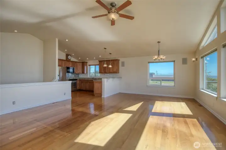The dining space along the south wall offers views, too.