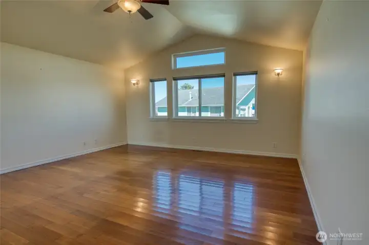 The primary bedroom is vaulted and large!