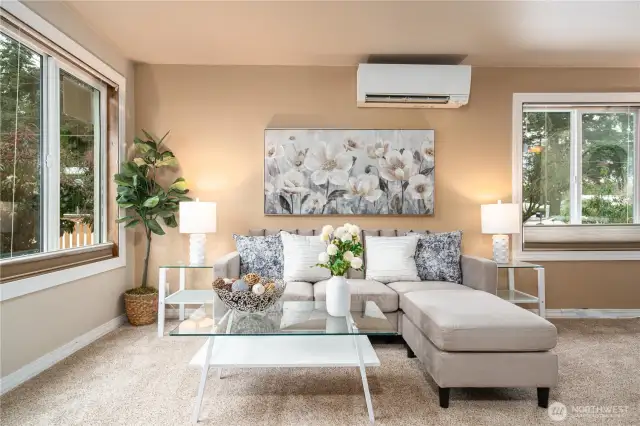 Living room with two large windows letting light in!