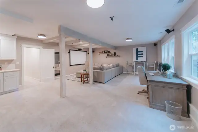 lower level living space with kitchenette, projection system and so much more!