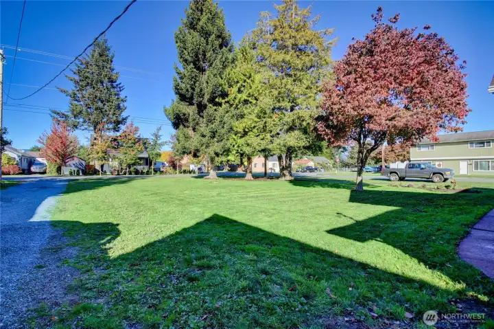 Spacious front yard with freshly graveled driveway to garage