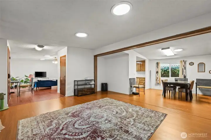 From the family room looking to the right into the dining room and to the left to the living room.
