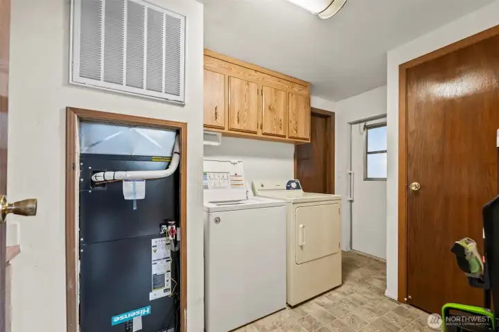 Utility room has washer/dryer, hot water heater and all-in-one HVAC unit for high-efficiency heating & cooling.