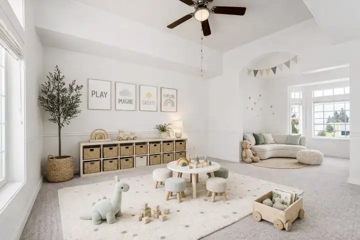 Virtual staging helps us reimagine this space as a main level flex room with reading nook.