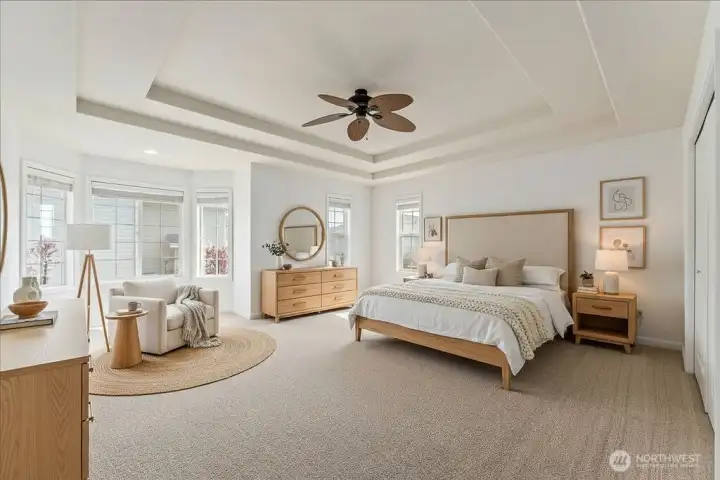 Primary bedroom on upper level. Virtual staging.