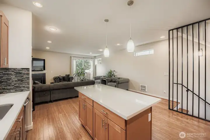 Kitchen area looking into open concept living room