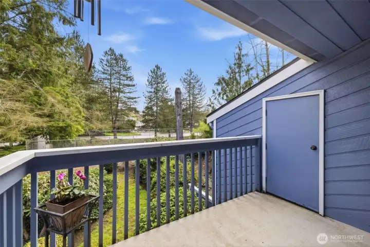 Large private deck off bedroom 2 overlooking quiet backyard. Additional storage as well.