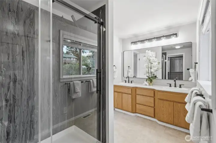Double vanity bathroom with updated finishes