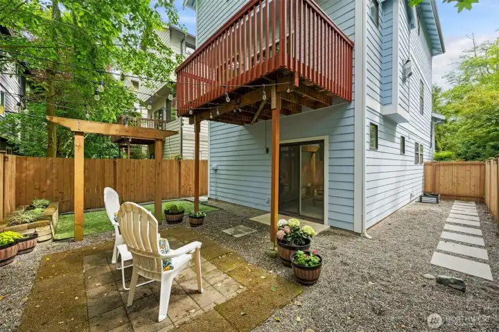 Fully fenced and gated backyard with patio, garden space, and the perfect spot for pets.