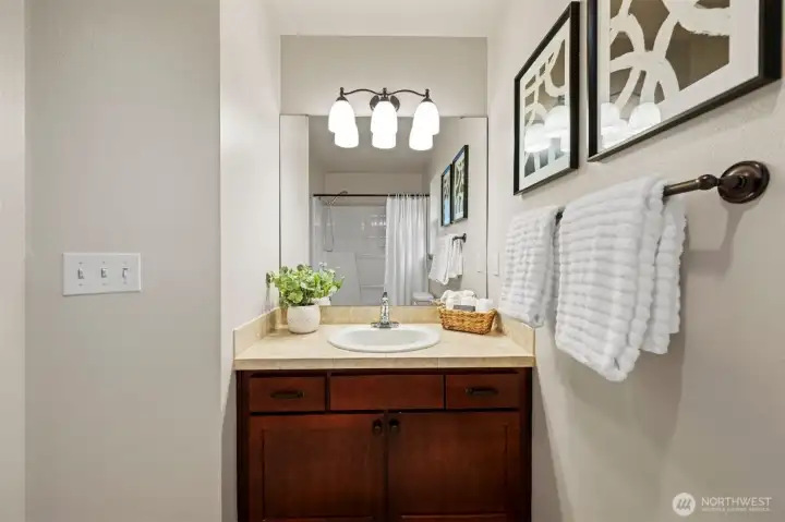 Upper level full hall bath. The gas tankless water heater will keep your showers nice and hot!
