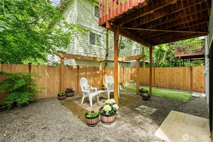 Summertime play and year round space for pets. Also features an outdoor sprinkler and drip system.