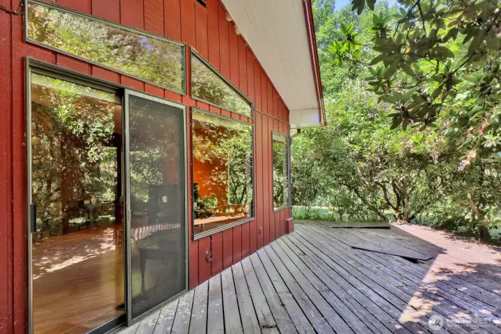 Back yard view with deck and covered walkway.