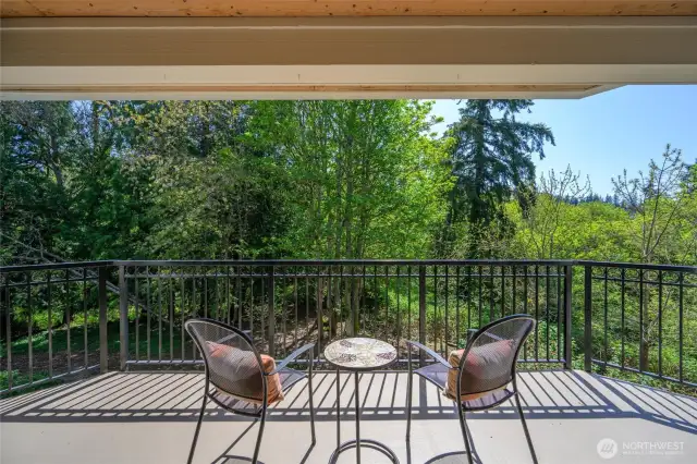 Deck facing greenspace with creek and park