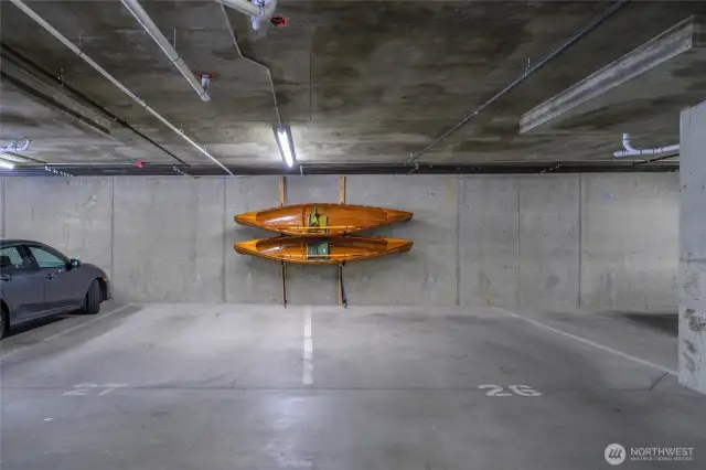 Two large parking spaces with kayak racks