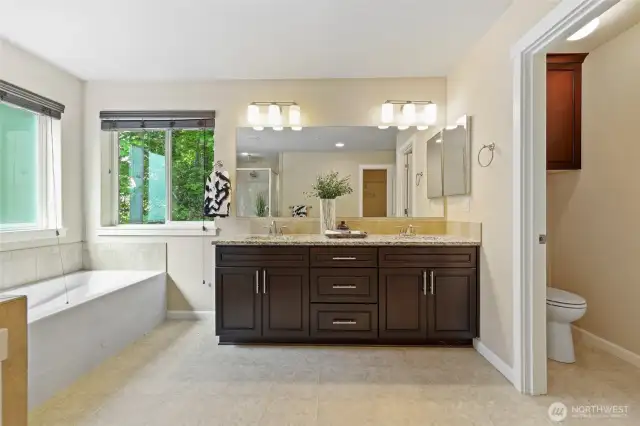 Tub with a view of the trees out back- commode room too!