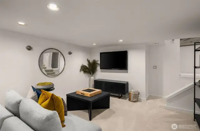 Lower level media room off of the garage.