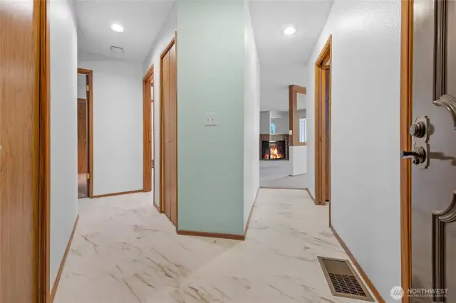 Unique circular floor plan provides some separation between bedrooms and living areas.