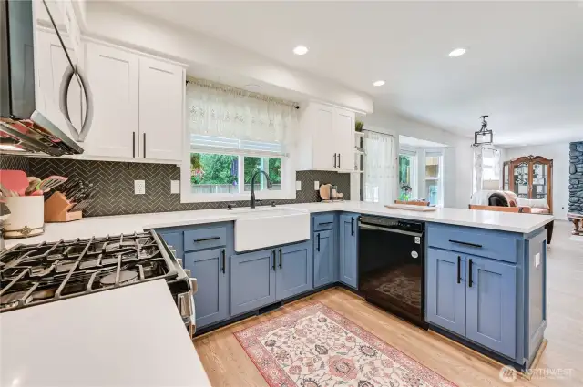 Farmhouse sink overlooks the backyard