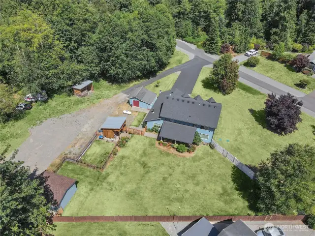 Another drone angle showing the nice gravel parking area.
