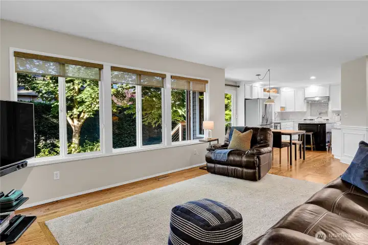 Great Room's view to a sun-filled patio, for secure & private back yard.