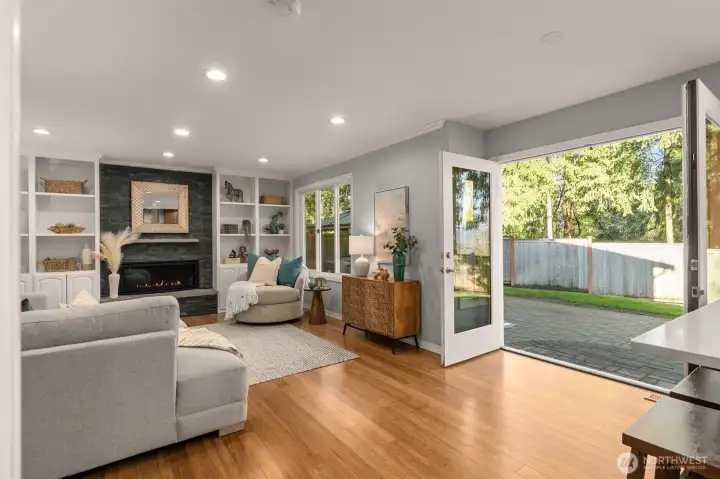 French doors lead out to the awesome backyard
