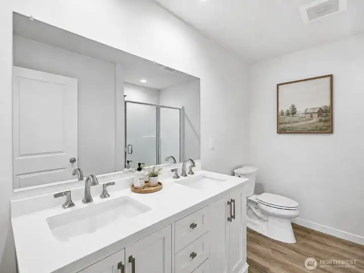 Primary bathroom.  Virtually staged.