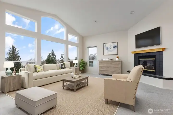 Wall of windows looking out at Dugualla Bay **Virtually staged**