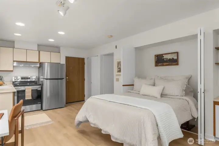 Entry features a coat closet.