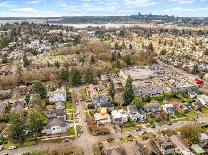 Aerial photo looking south and east. You can see Lake Washington, 520, Husky Stadium and downtown Seattle. Also Metropolitan Market is just 2 blocks away. Burke Gilman Trail is just a couple of blocks away. And only minutes to Childrens Hospital, UW, 520, downtown and Amazon.