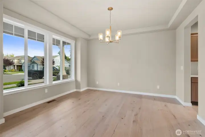 Formal dining with a tray ceiling, lots of natural light and a modern chandelier.