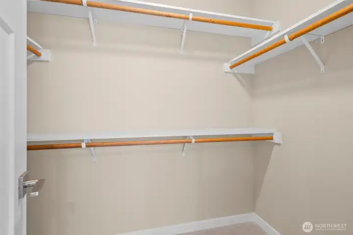 Primary bedroom features a walk-in closet with solid shelving.