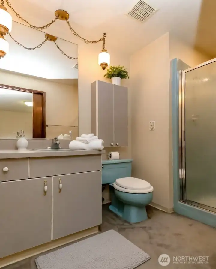 Primary bath. Virtually staged.