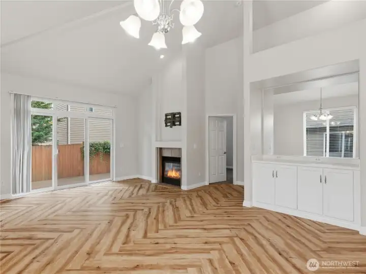 high ceiling living room and dining room