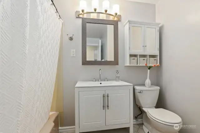 Hall bath has new sink, toilet, fixtures and lighting.