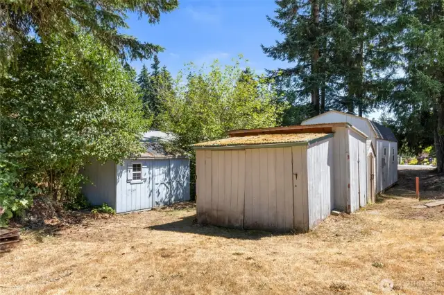 Multiple sheds provide ample storage.