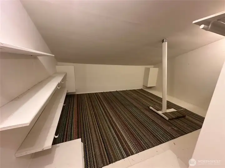 Finished attic space that can be used for storage or a playroom.
