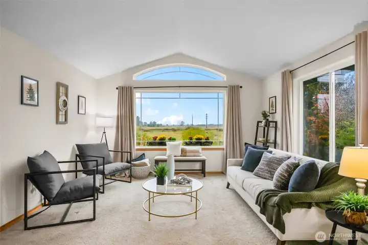 Living room.  This window looks over the neighboring pasture and to Mt. Baker beyond.