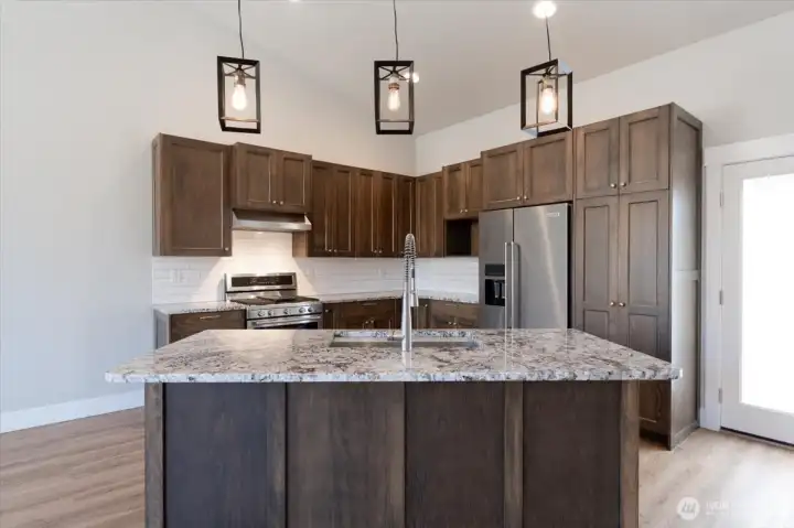 Sleek kitchen design with propane stove, stainless steel appliances and granite countertops.